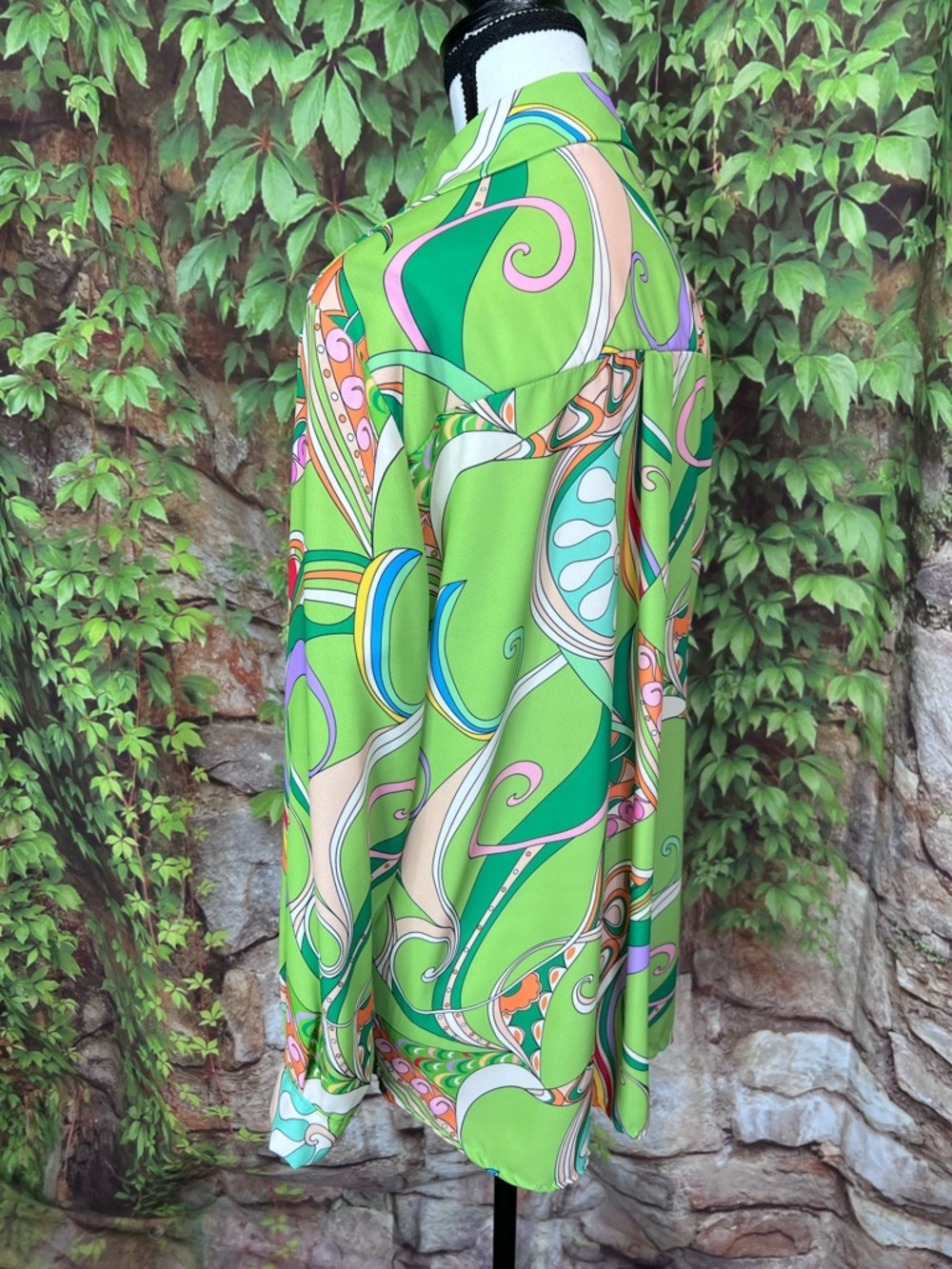 NEW COLLECTION Green Mod Print Button Print Blouse, L* - Picture 6 of 11